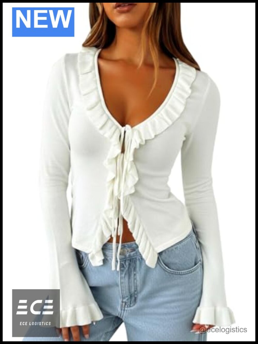Ruffle Tie Front Cropped Cardigan Bell Sleeve Knit Sweater Top